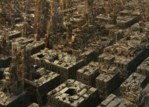 “With the advancement of technology and global warming, future cities structuring and chaos how the future cities architectural looks like Use realistic look”